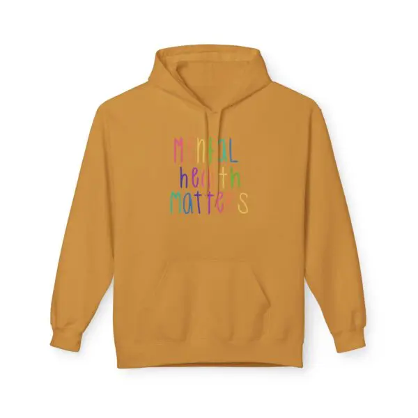Yellow hoodie with "Mental Health Matters" text.