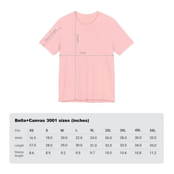Pink t-shirt with size chart displayed.