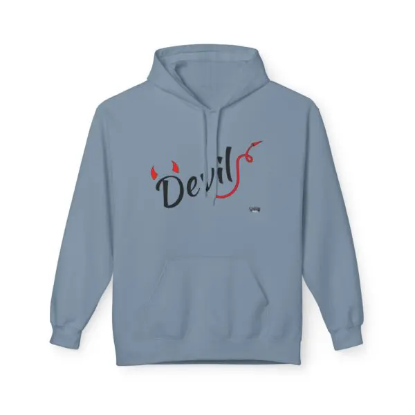 Blue hoodie with "Devil" text and design.