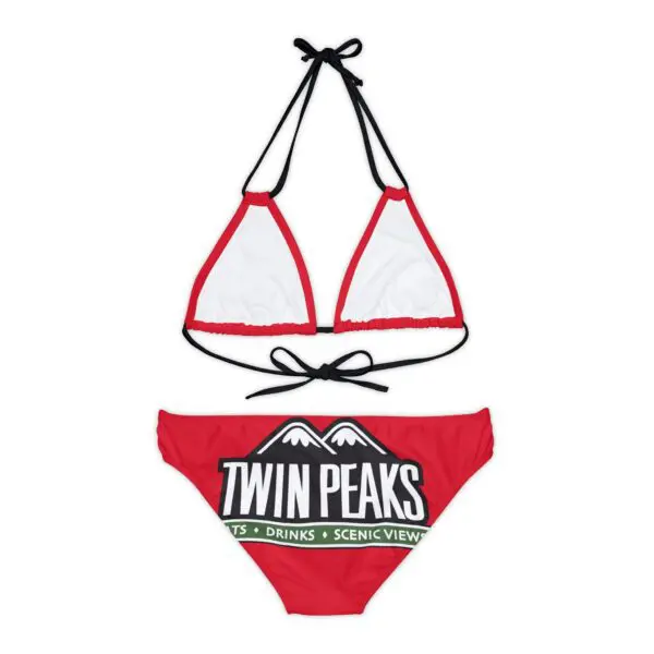 Red and white bikini with logo design.