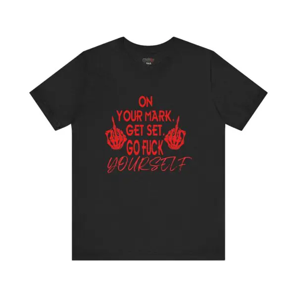 Black shirt with bold red text design.