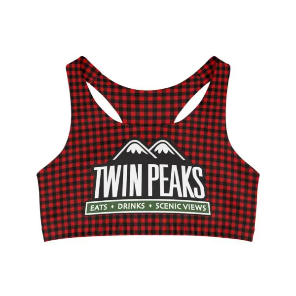 Red plaid sports bra with Twin Peaks logo.