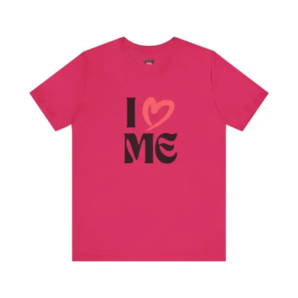 Pink t-shirt with "I Love Me" design.