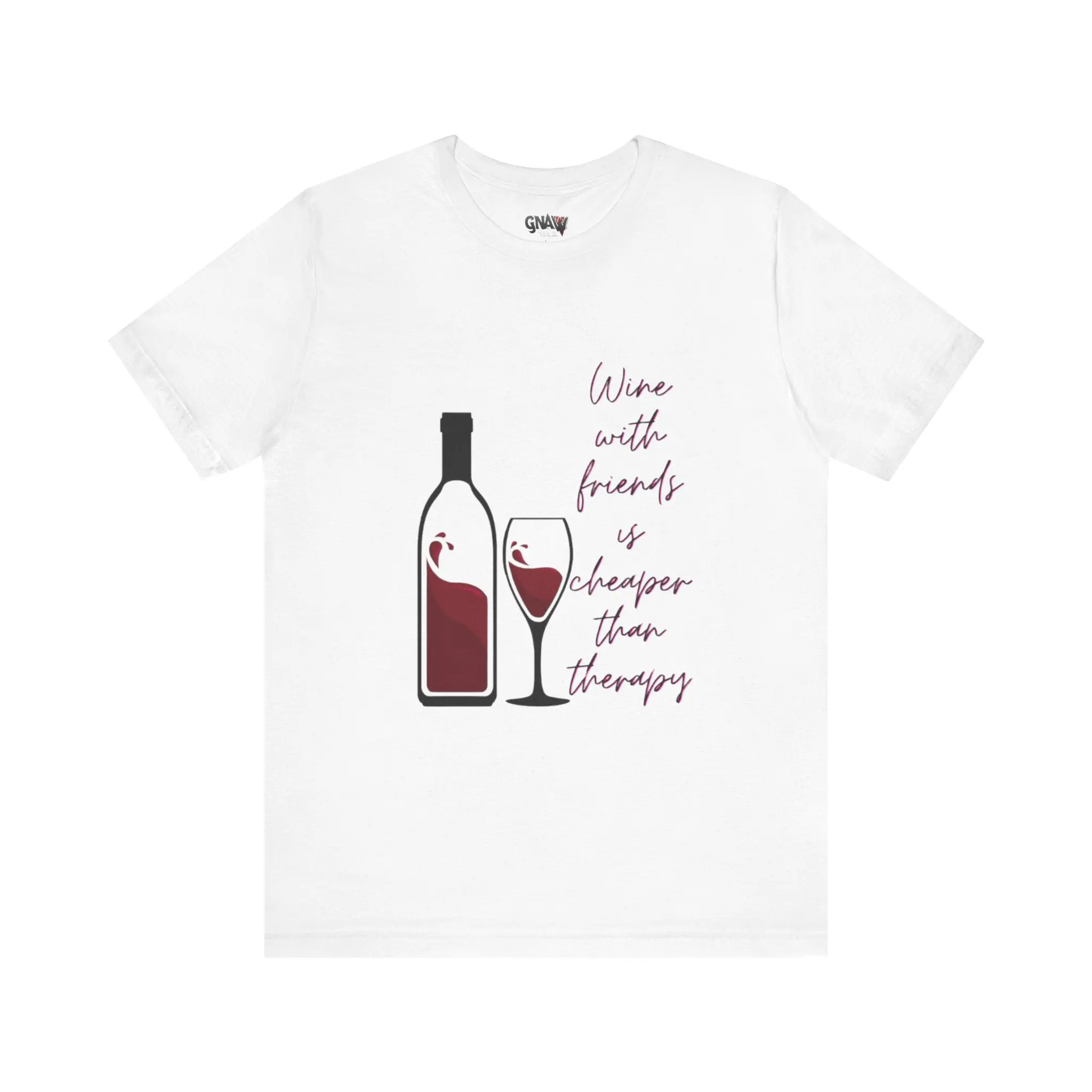 White t-shirt with wine-themed design.