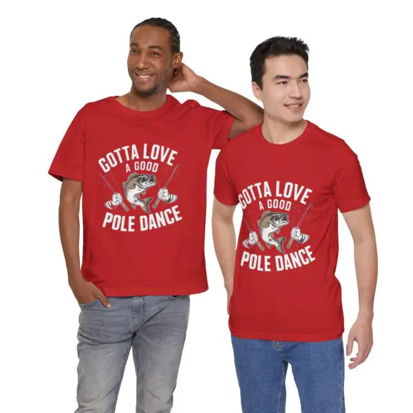 Two men wearing matching red t-shirts.