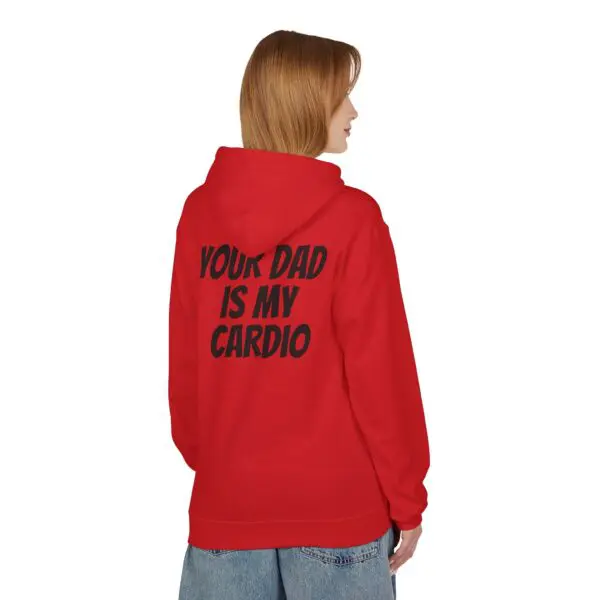 Person wearing red hoodie with bold text.