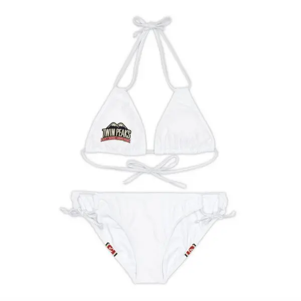 White bikini with "Twin Peaks" logo design.