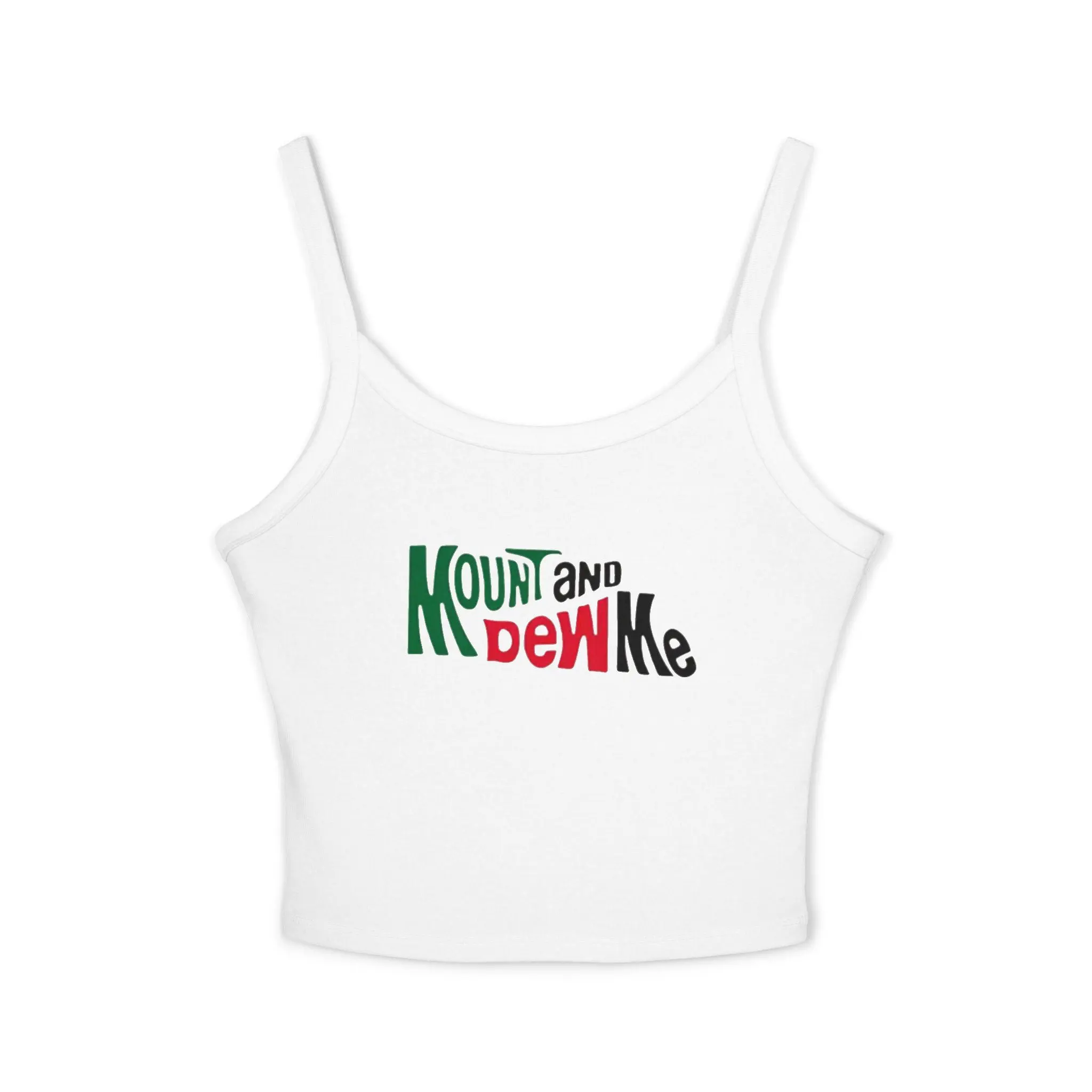 White tank top with colorful text design.