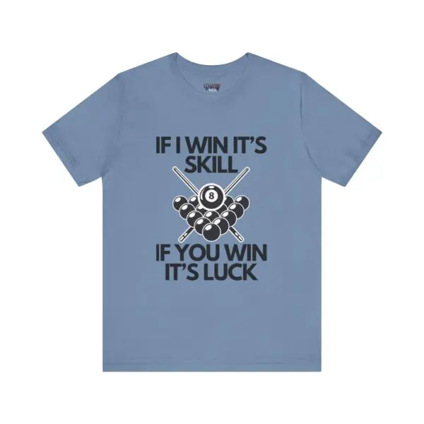 Blue t-shirt with billiards-themed text design.