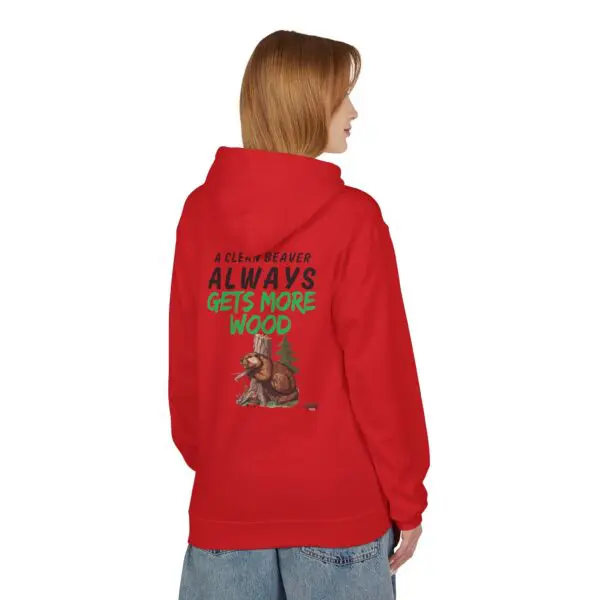 Person wearing red hoodie with beaver graphic.
