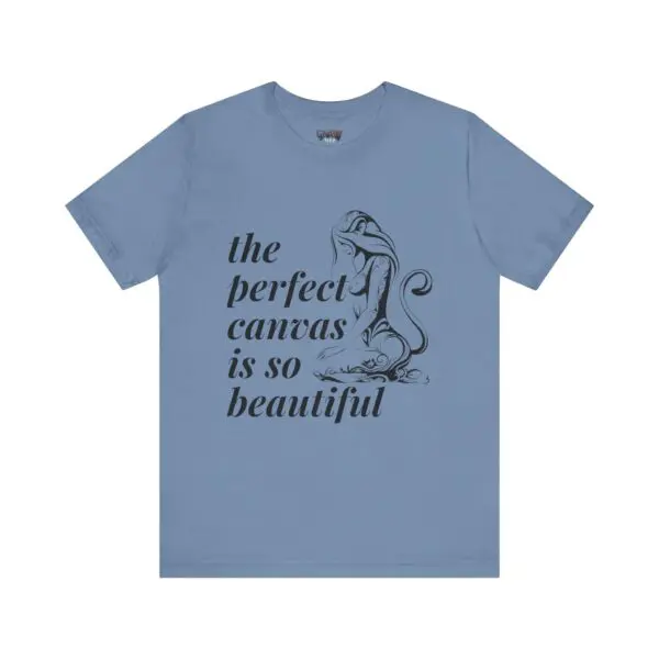 Blue t-shirt with artistic lettering design.