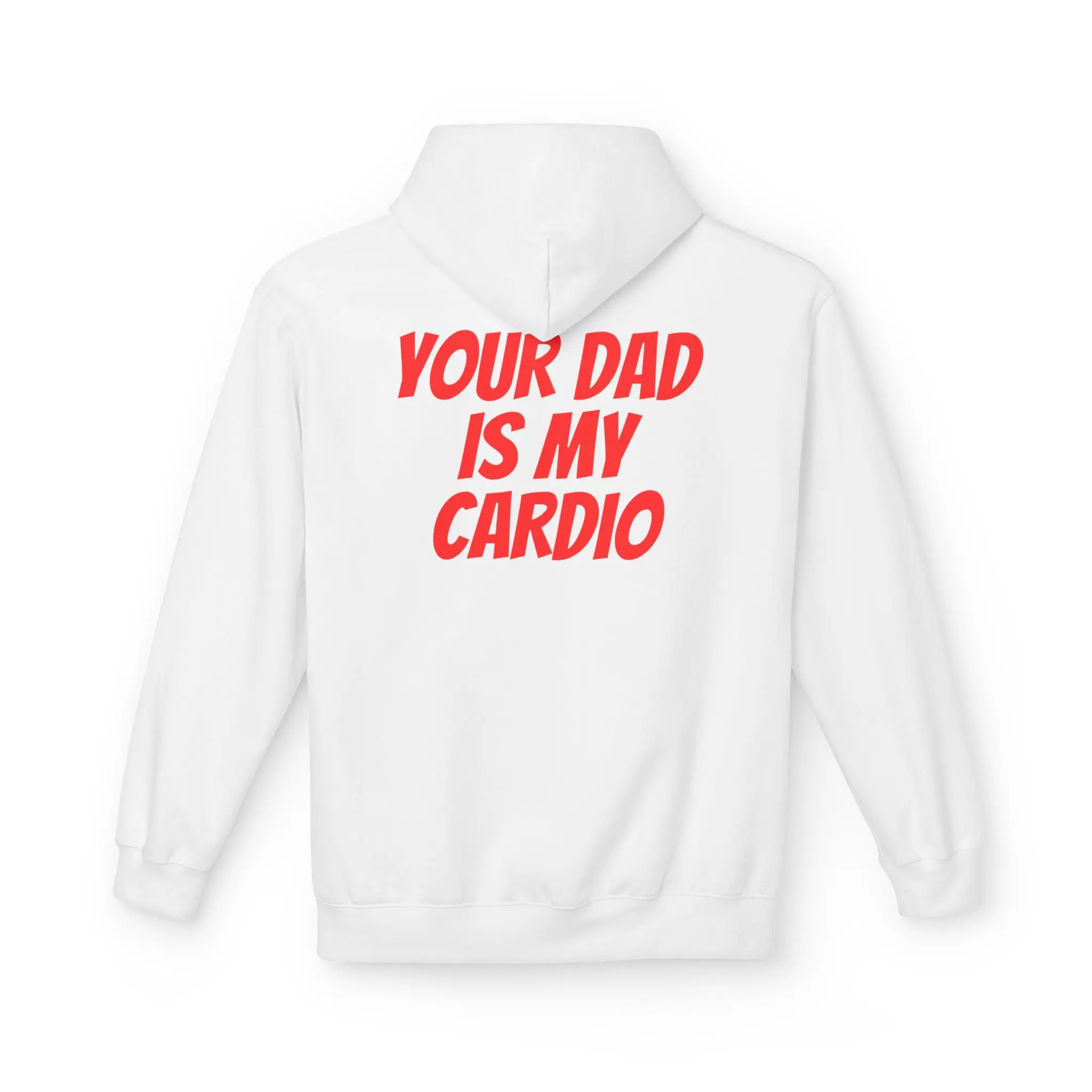 White hoodie with humorous red text.