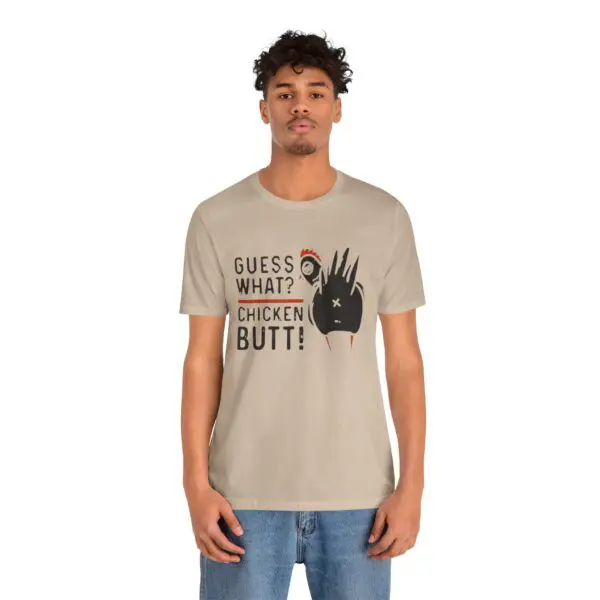 Man wearing chicken-themed graphic t-shirt.