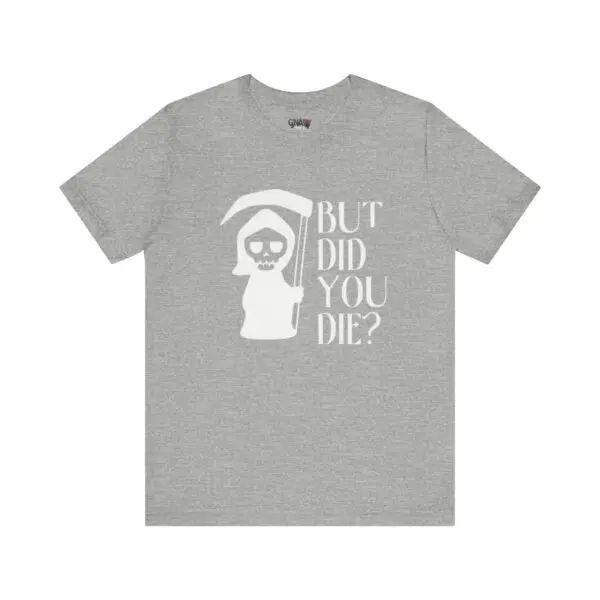 Gray t-shirt with skeleton and text design.