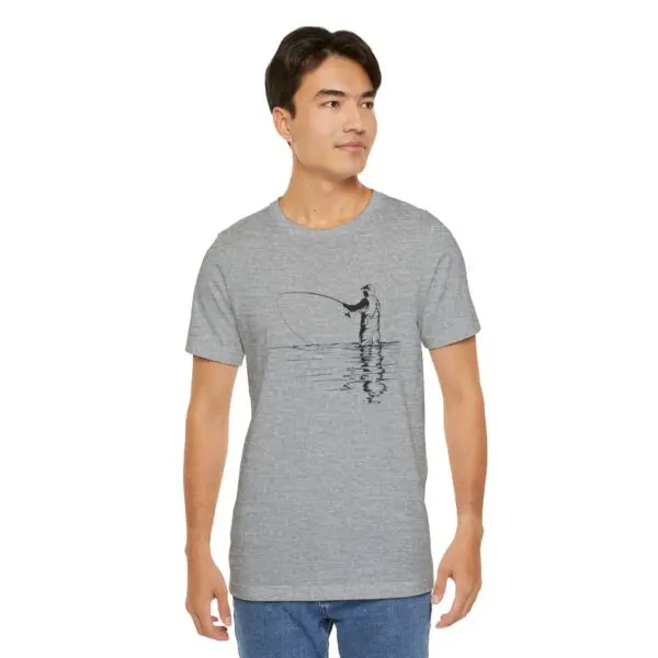 Man wearing gray fishing-themed t-shirt.