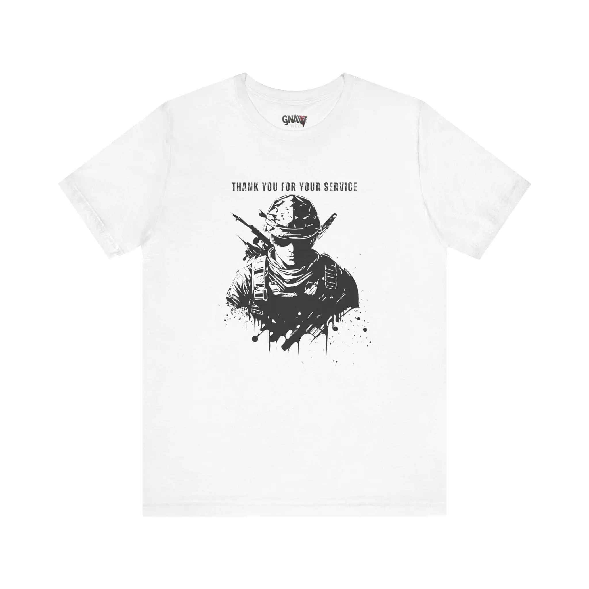 White t-shirt with soldier graphic design.