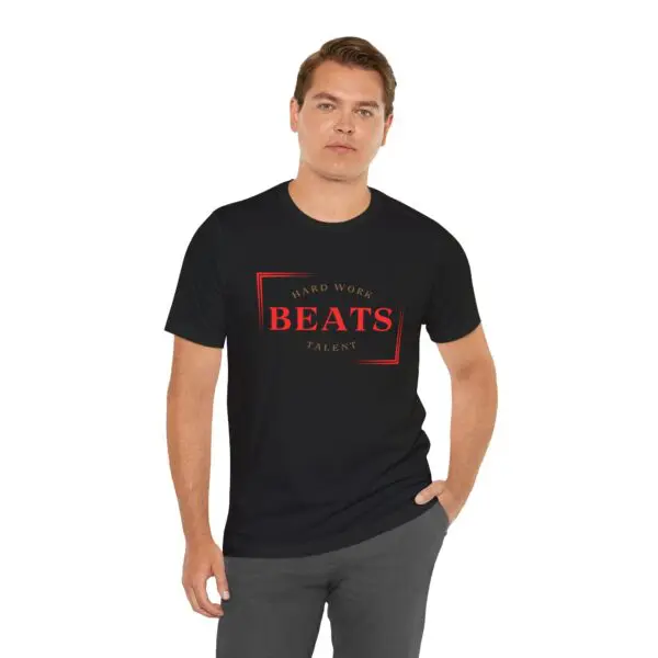 Man wearing "Beats Talent" black t-shirt.