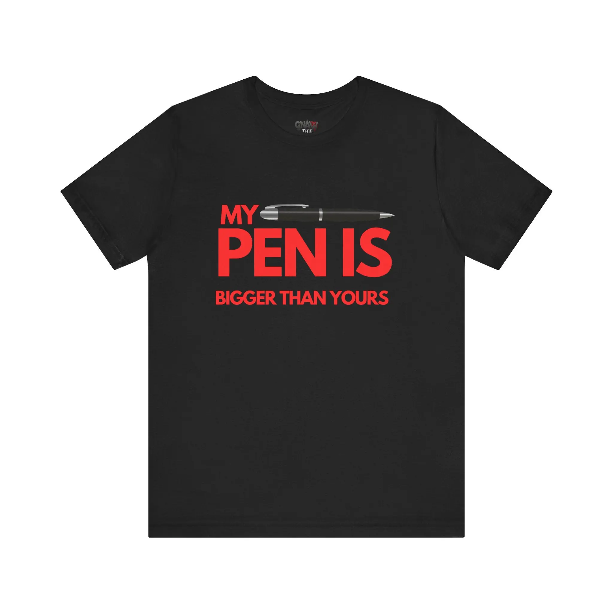 Black t-shirt with humorous pen design.