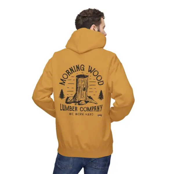 Man wearing hoodie with lumberjack design.