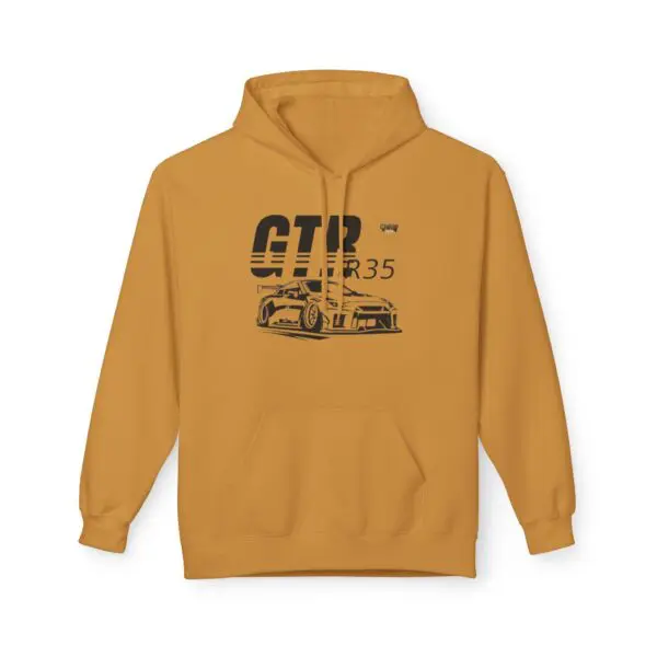 Mustard hoodie featuring car graphic design.
