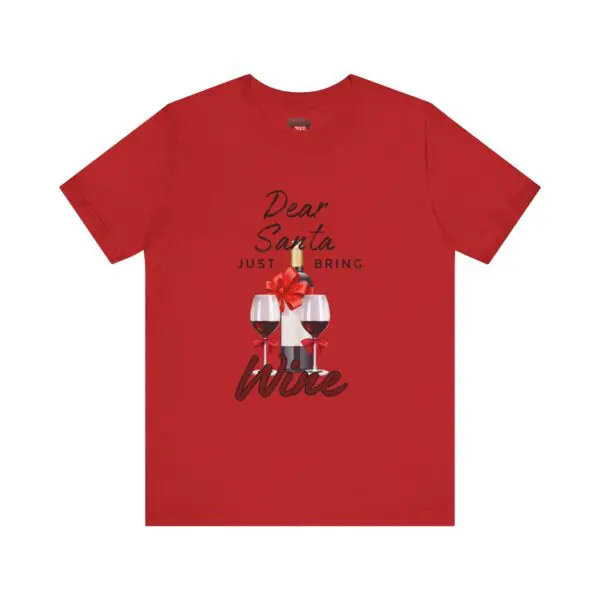 Red shirt with wine-themed Christmas message.