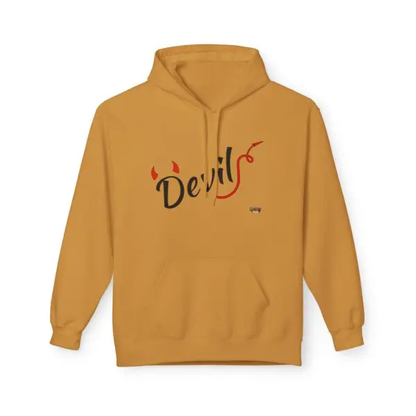 Mustard hoodie with "Devil" graphic design.