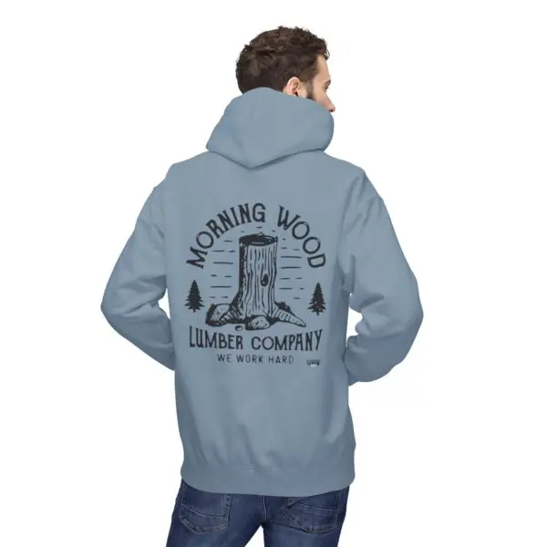 Man wearing hoodie with lumber company logo.