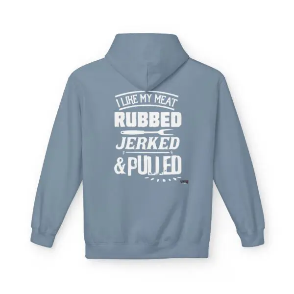 Blue hoodie with BBQ-themed text design.