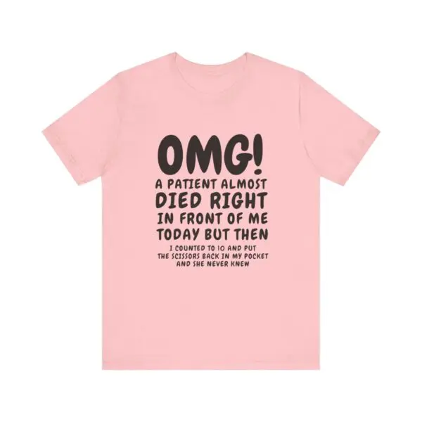 Pink T-shirt with humorous medical text.