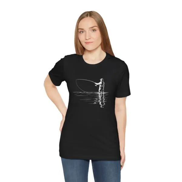Woman wearing black fishing-themed T-shirt.