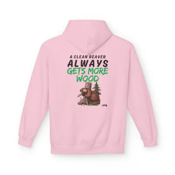 Pink hoodie with beaver-themed humorous text.