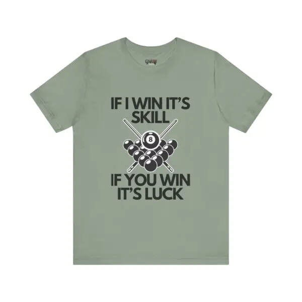 Green T-shirt with pool-themed text design.
