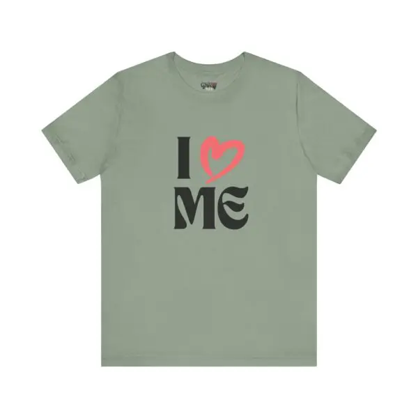 Green t-shirt with "I Love Me" design.