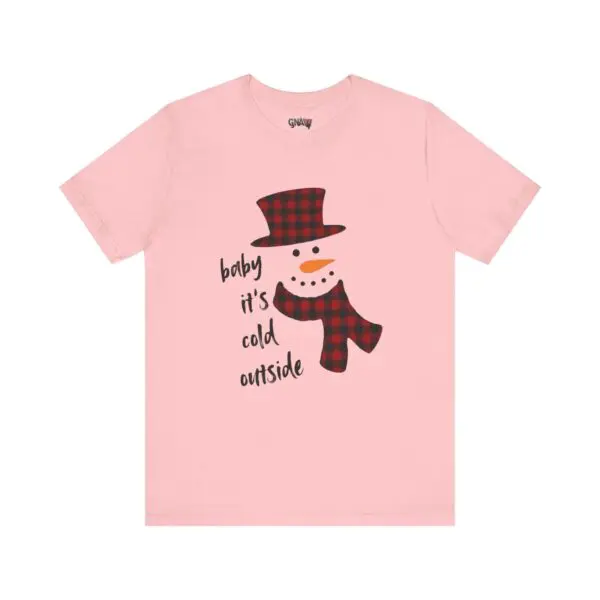 Pink shirt with snowman and text design.