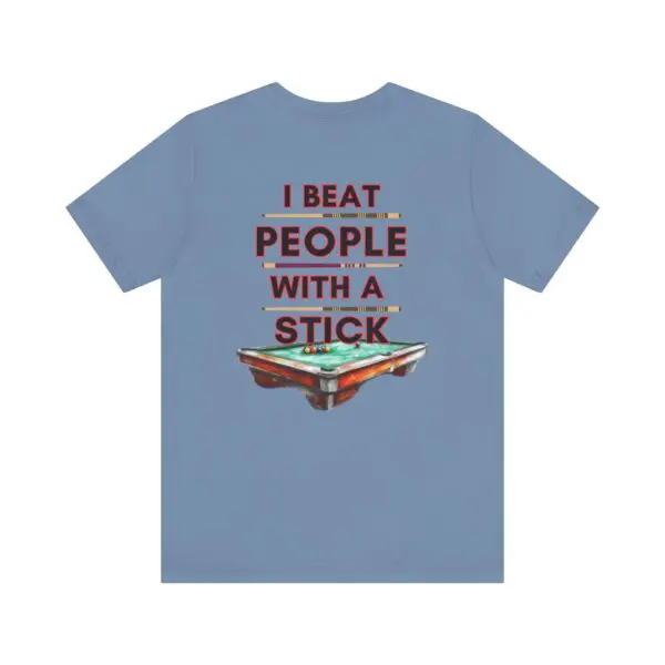 Blue shirt with pool table graphic.