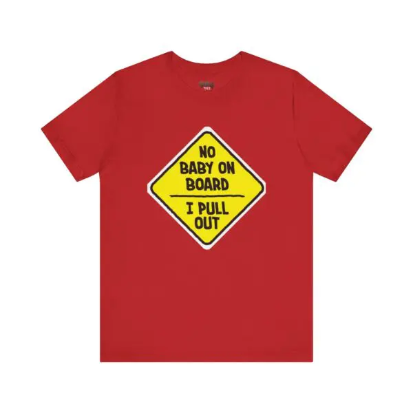 Red shirt with humorous text design.
