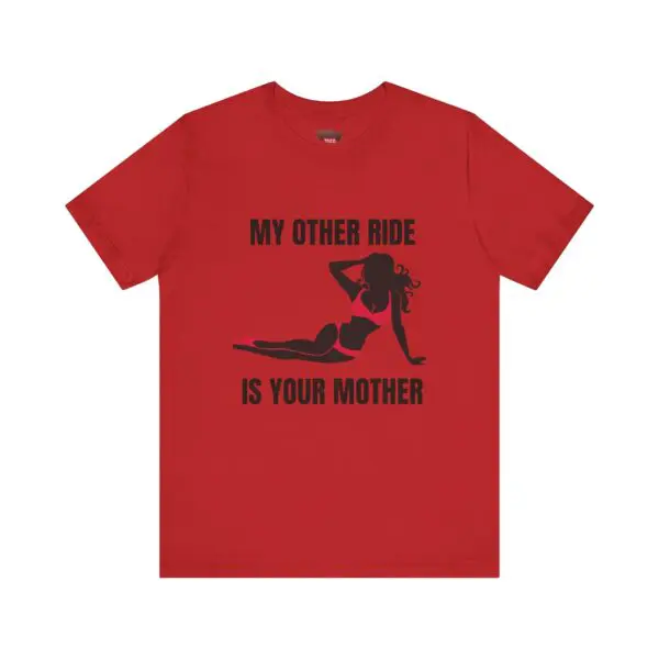 Red T-shirt with provocative black text design.