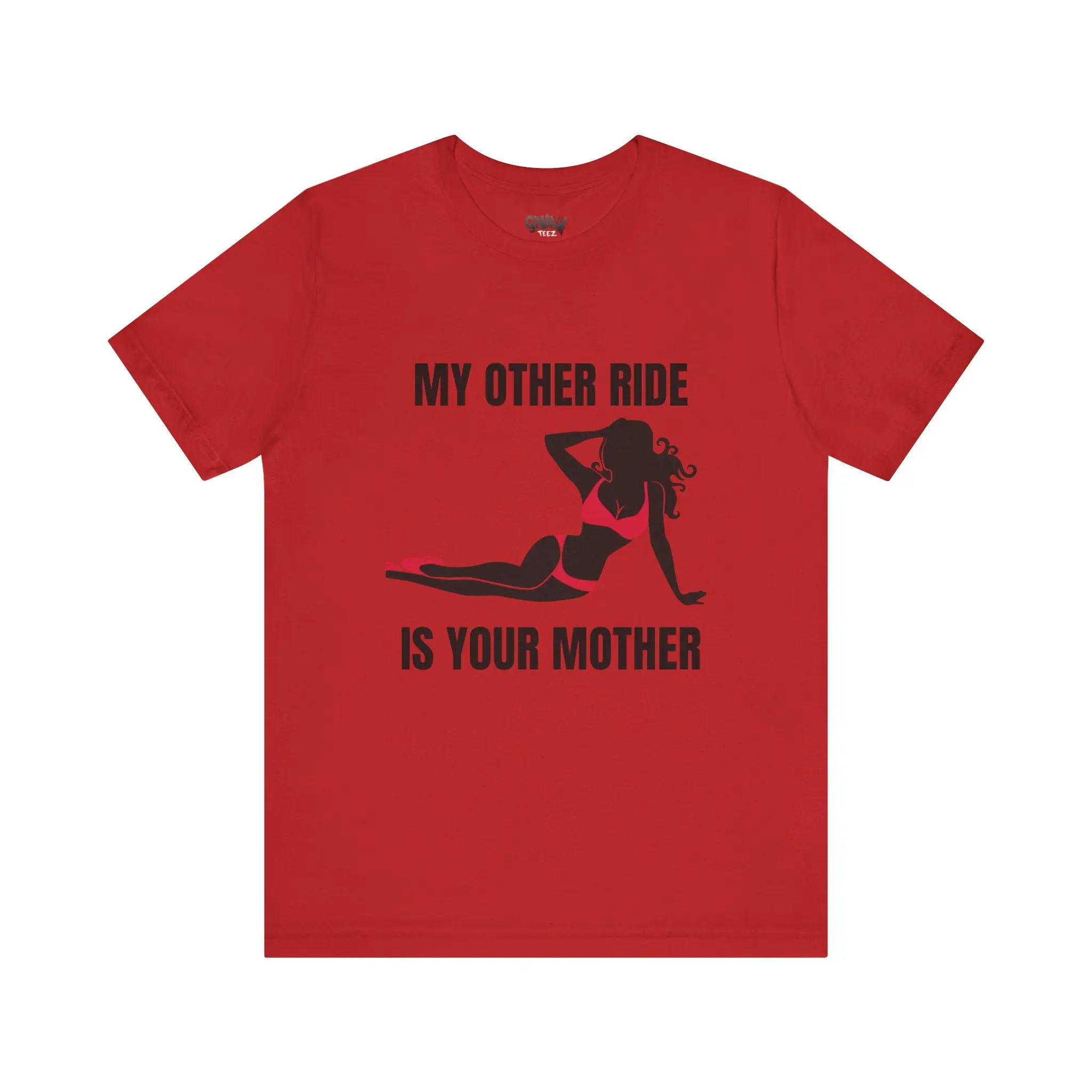 Red T-shirt with provocative black text design.