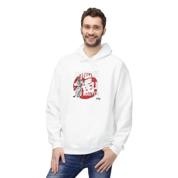 Man wearing white hoodie with graphic design.