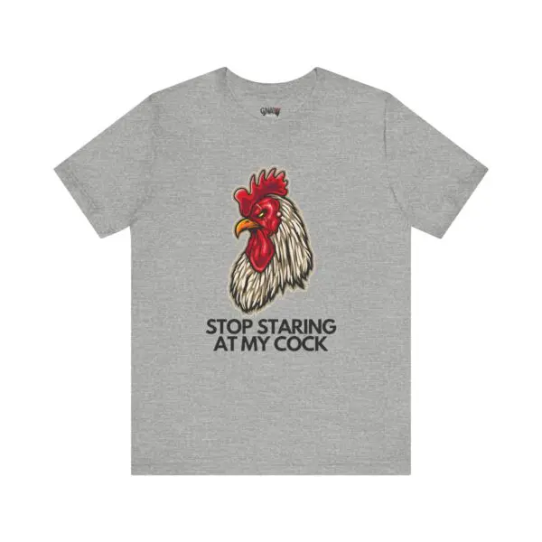 Gray t-shirt with rooster and humorous text.