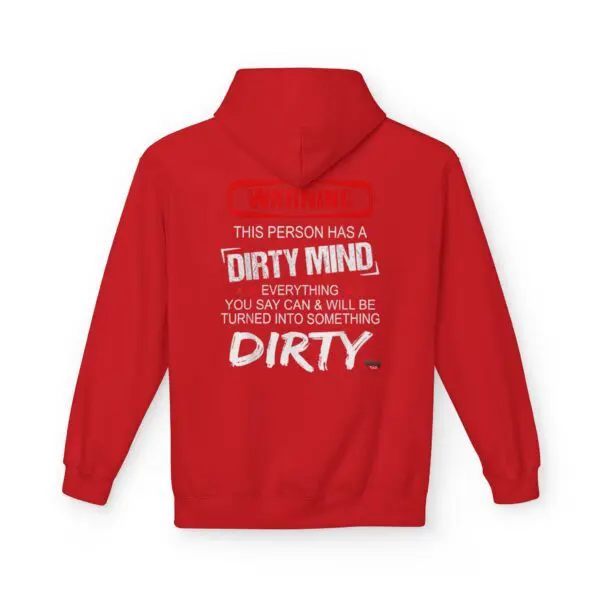 Red hoodie with humorous text on back.