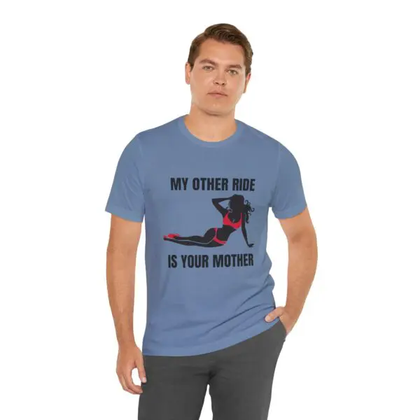 Man wearing a humorous graphic t-shirt.