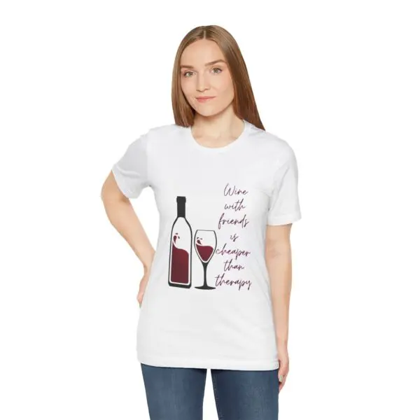Woman wearing wine-themed t-shirt, casual pose.