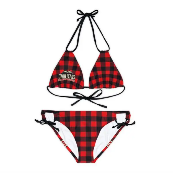 Red plaid bikini with "Twin Peaks" logo.