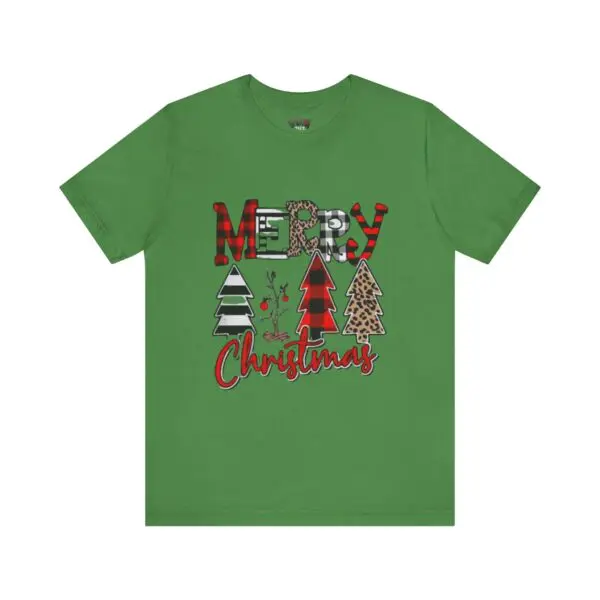 Green Christmas t-shirt with festive design.