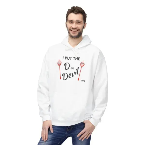 Man wearing "I Put the D in Devil" hoodie.