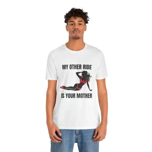 Man wearing a humorous graphic t-shirt.