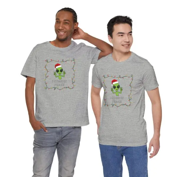 Two men wearing festive alien t-shirts.