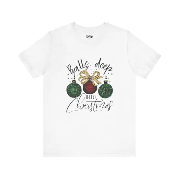 White T-shirt with Christmas ornament design.