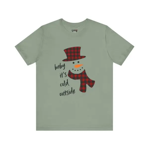T-shirt with snowman and festive text.